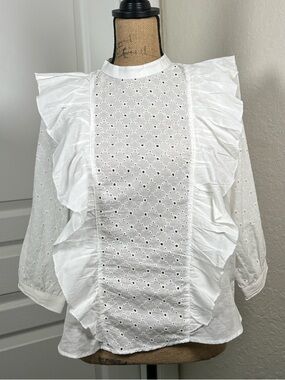 White Eyelet Ruffle Front Women's Top